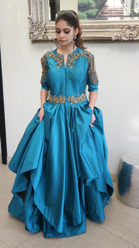 Asymmetrical Rawsilk Turquoise Gown in